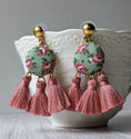 Load image into Gallery viewer, Vintage Floral Fabric Fan Tassel Earrings, Mauve Pink And Sage Green