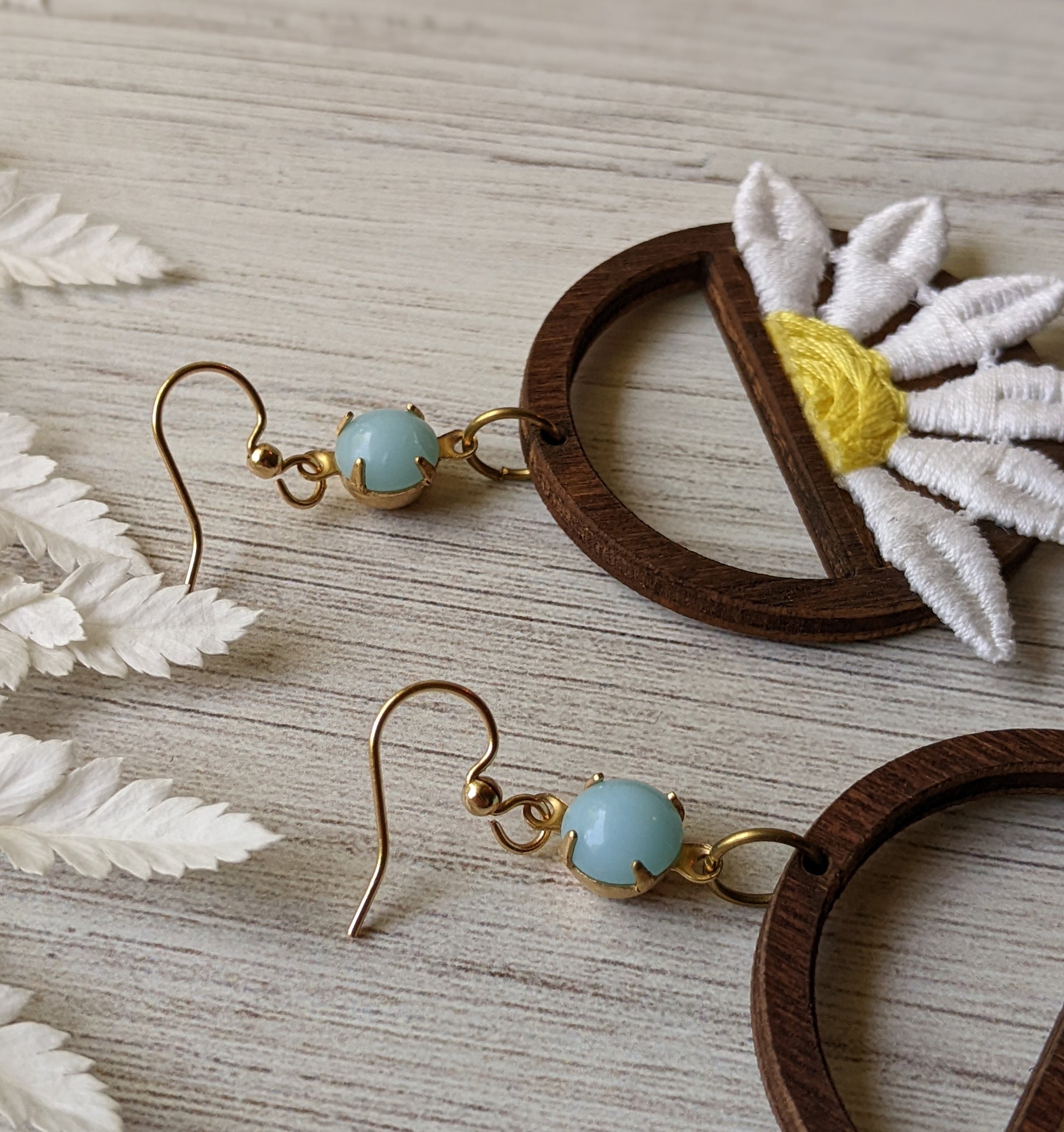 Retro Daisy Earrings With Vintage 90s Fabric Flowers And 1960s Blue Glass