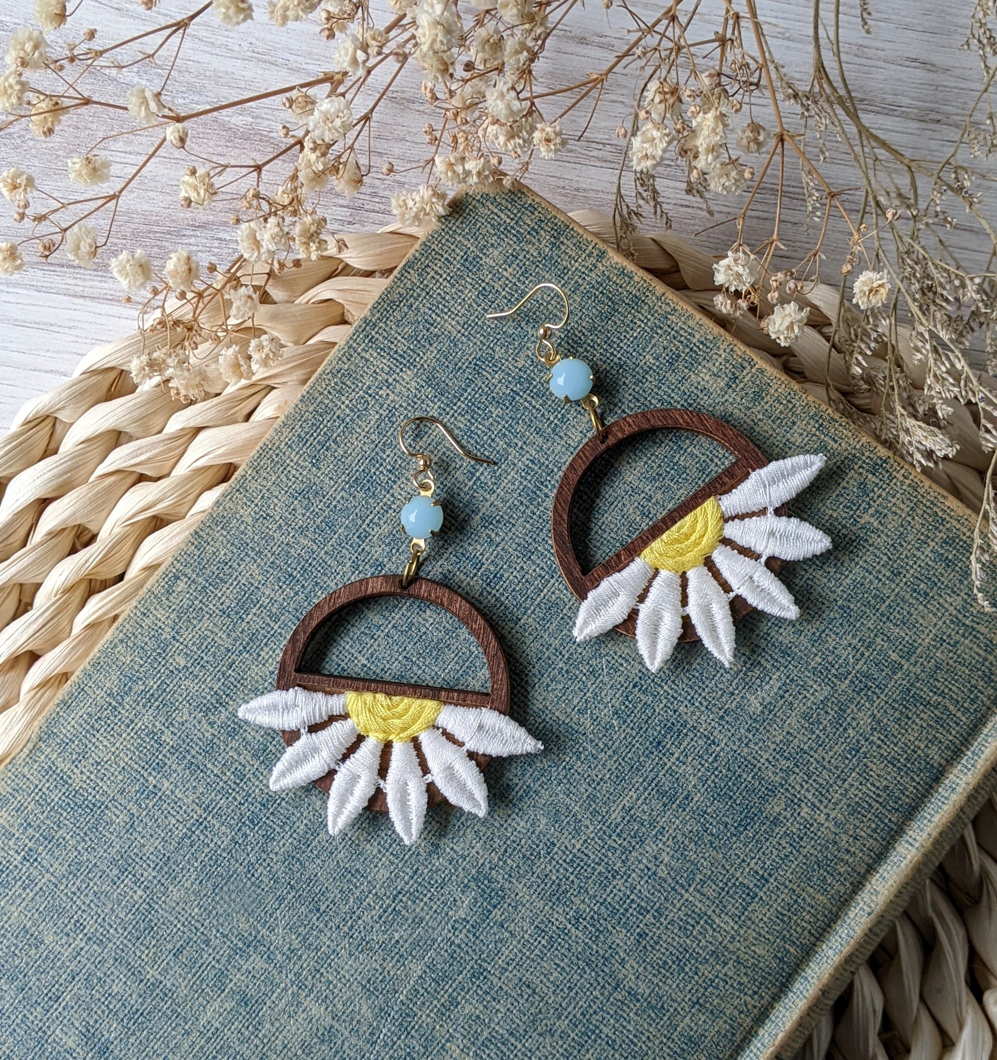 Retro Daisy Earrings With Vintage 90s Fabric Flowers And 1960s Blue Glass