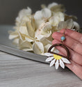 Load image into Gallery viewer, Retro Daisy Earrings With Vintage 90s Fabric Flowers And 1960s Blue Glass