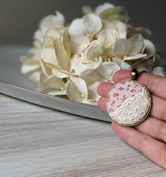 Blooming Garden Pink Vintage Floral Fabric And Lace Pendant