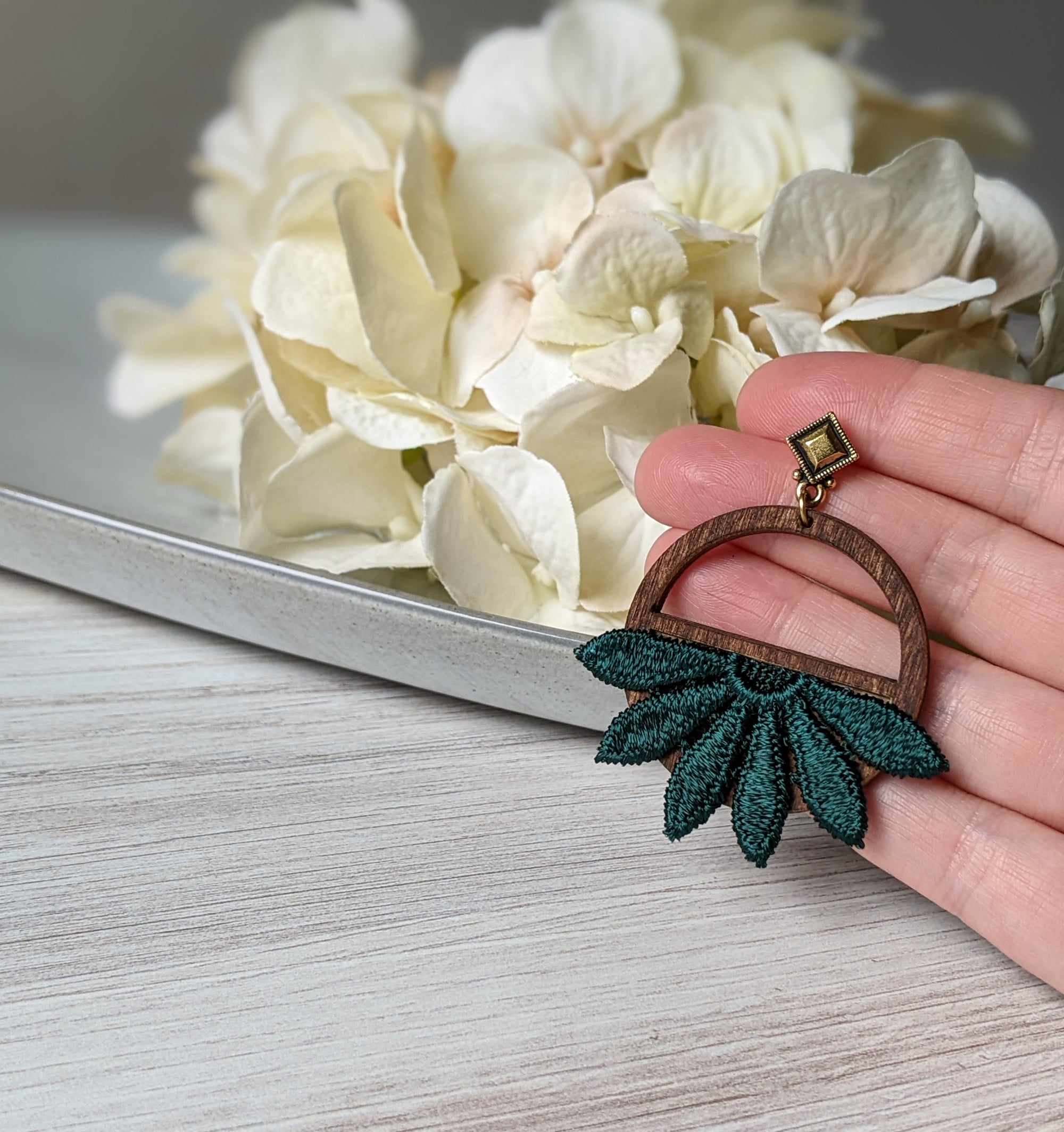 Art Deco Style Earrings With Dark Teal Flower Lace