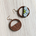 Load image into Gallery viewer, Whimsical Pastel Blue Daisy Earrings Made With Vintage Flowers And Wood Hoops