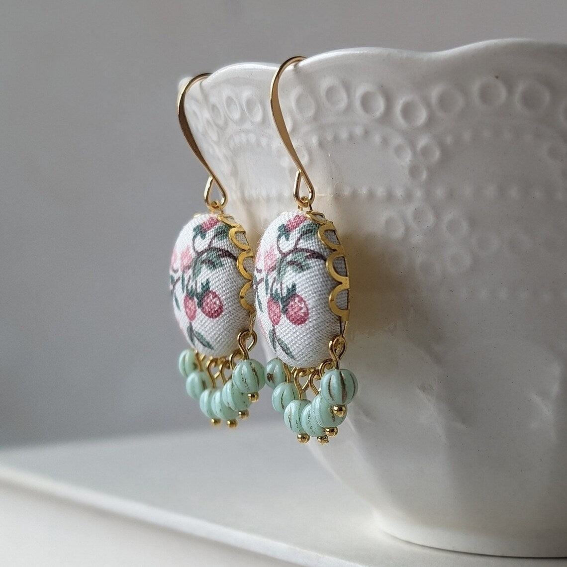 Strawberry Earrings, Pastel Pink And Green Dangles