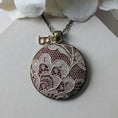 Load image into Gallery viewer, Burgundy Cotton And Antique French 1920s Lace Pendant With Initial Charm