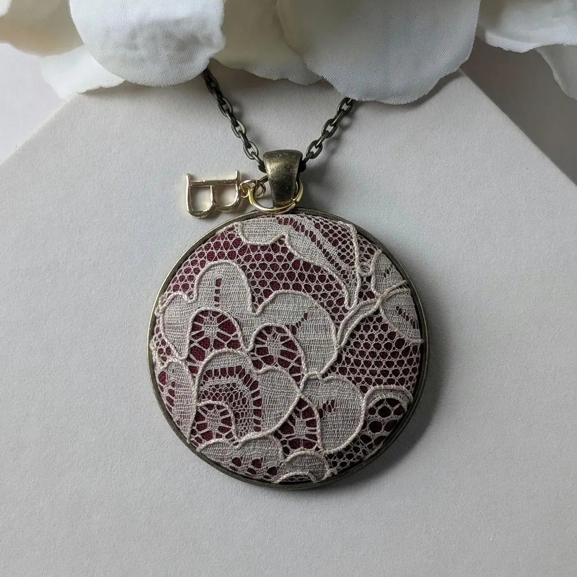 Burgundy Cotton And Antique French 1920s Lace Pendant With Initial Charm