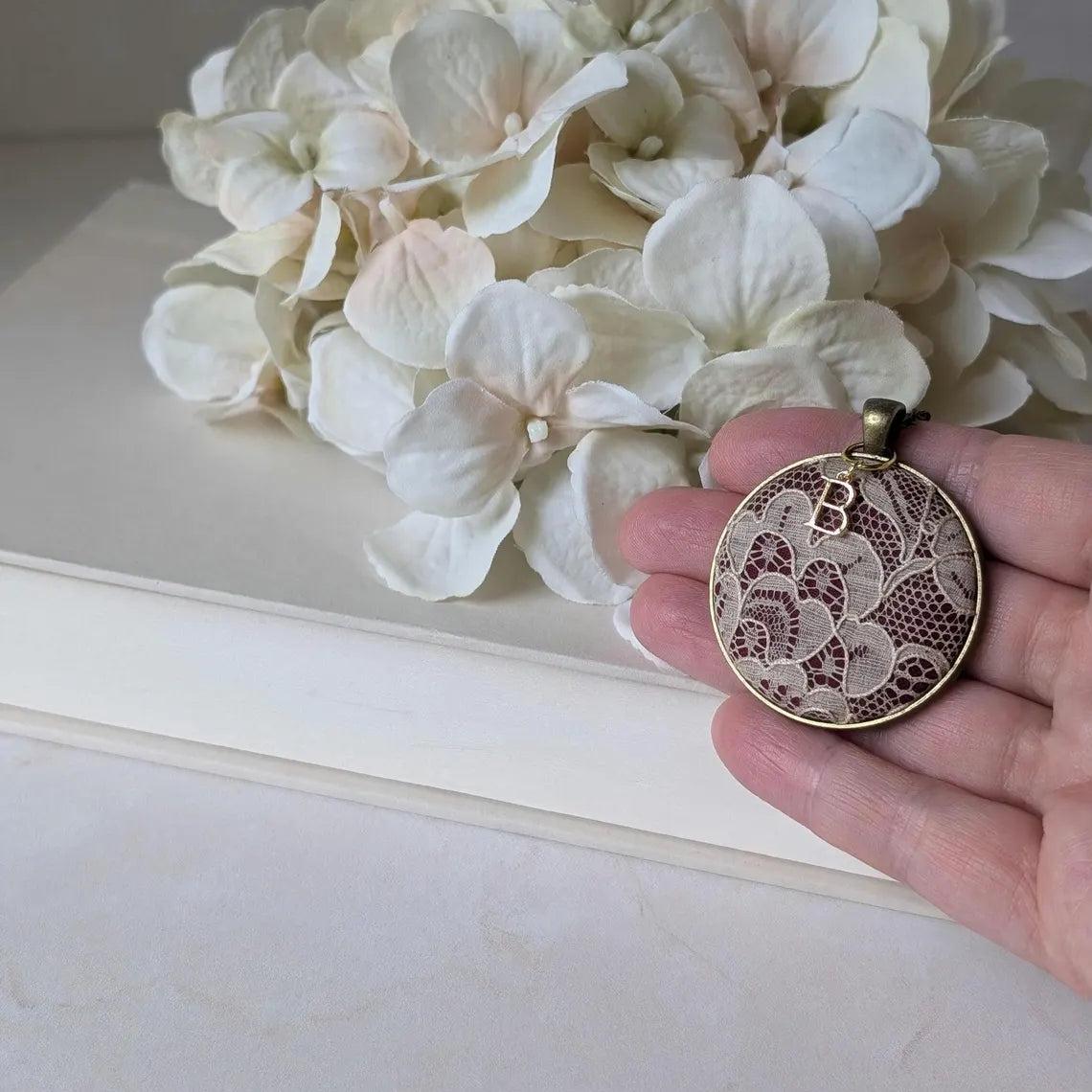 Burgundy Cotton And Antique French 1920s Lace Pendant With Initial Charm