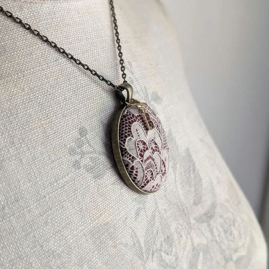 Burgundy Cotton And Antique French 1920s Lace Pendant With Initial Charm