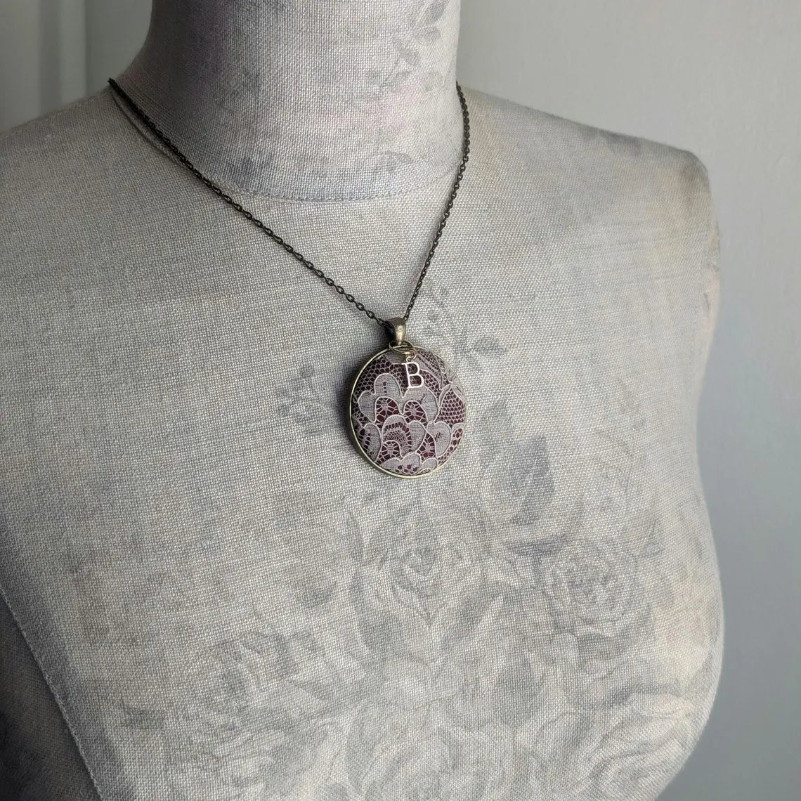 Burgundy Cotton And Antique French 1920s Lace Pendant With Initial Charm