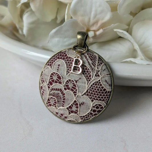 Burgundy Cotton And Antique French 1920s Lace Pendant With Initial Charm