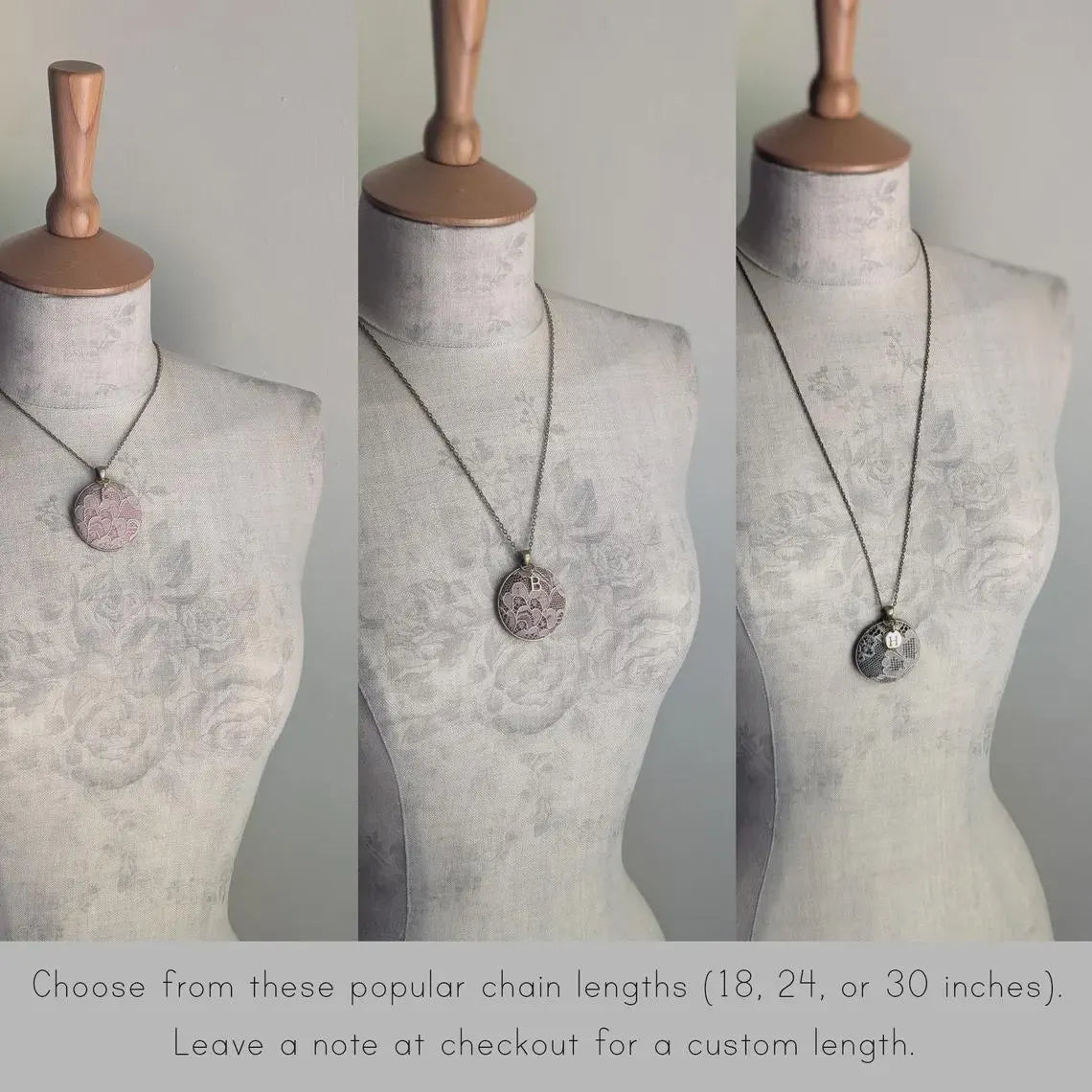 Antique 1920s Cotton Lace And Black Fabric Necklace With Gold Initial Charm