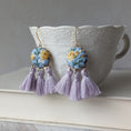 Load image into Gallery viewer, Pastel Earrings With Yellow Roses On Sky Blue Vintage Fabric With Lavender Tassels