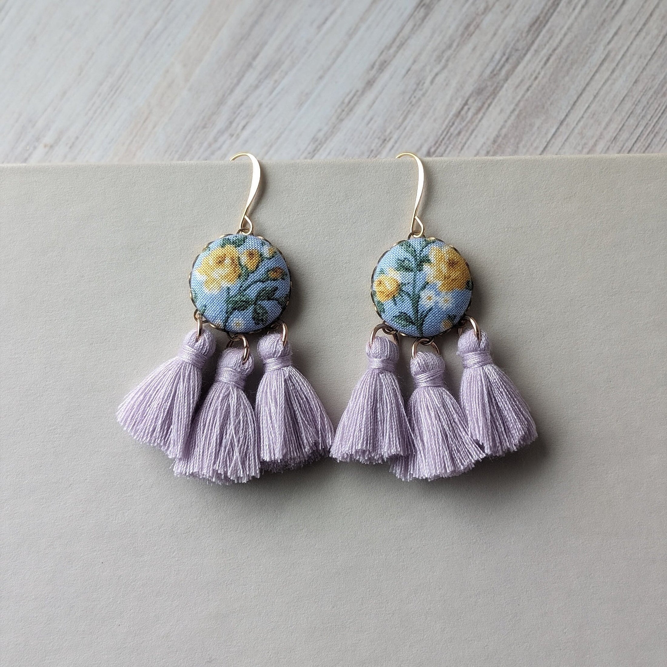 Pastel Earrings With Yellow Roses On Sky Blue Vintage Fabric With Lavender Tassels