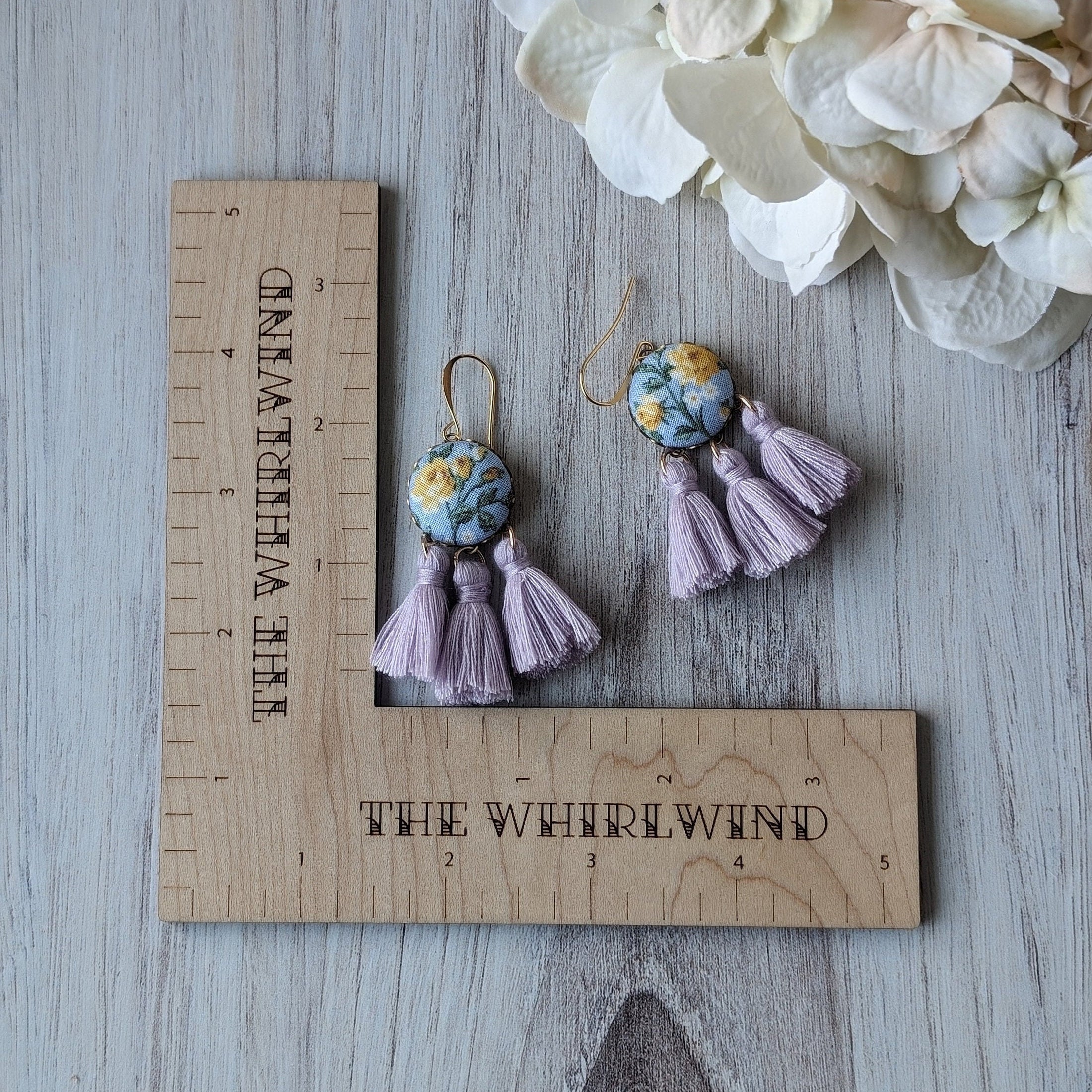 Pastel Earrings With Yellow Roses On Sky Blue Vintage Fabric With Lavender Tassels