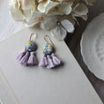 Load image into Gallery viewer, Pastel Earrings With Yellow Roses On Sky Blue Vintage Fabric With Lavender Tassels