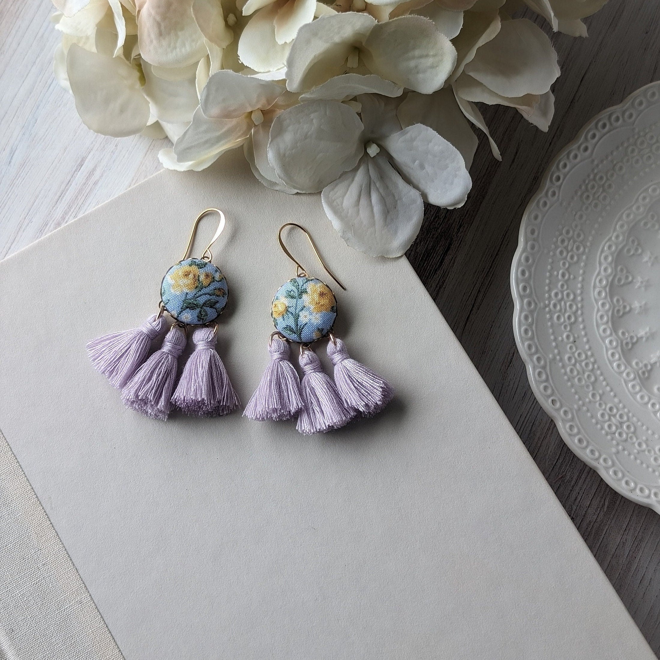 Pastel Earrings With Yellow Roses On Sky Blue Vintage Fabric With Lavender Tassels