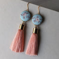 Load image into Gallery viewer, Aqua Blue And Peach Coral Earrings Handmade With Vintage Floral Fabric