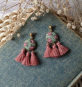 Load image into Gallery viewer, Vintage Floral Fabric Fan Tassel Earrings, Mauve Pink And Sage Green
