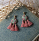 Vintage Floral Fabric Fan Tassel Earrings, Mauve Pink And Sage Green