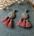 Load image into Gallery viewer, Vintage Floral Fabric Fan Tassel Earrings, Mauve Pink And Sage Green