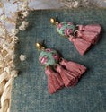 Load image into Gallery viewer, Vintage Floral Fabric Fan Tassel Earrings, Mauve Pink And Sage Green