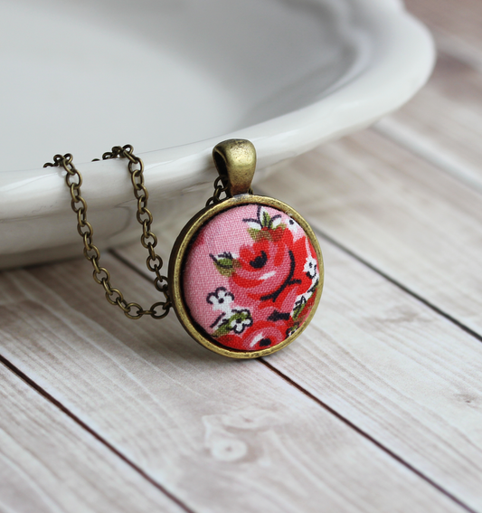 Small Pink And Red Rose Necklace, Handmade With Cute Vintage Floral Fabric