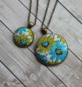 Load image into Gallery viewer, Retro Necklace, Chartreuse Green And Blue Floral Fabric Pendant