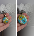 Load image into Gallery viewer, Retro Necklace, Chartreuse Green And Blue Floral Fabric Pendant
