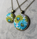 Load image into Gallery viewer, Retro Necklace, Chartreuse Green And Blue Floral Fabric Pendant