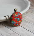 Load image into Gallery viewer, Vintage Fabric Pendant, Red Floral, Small Or Large