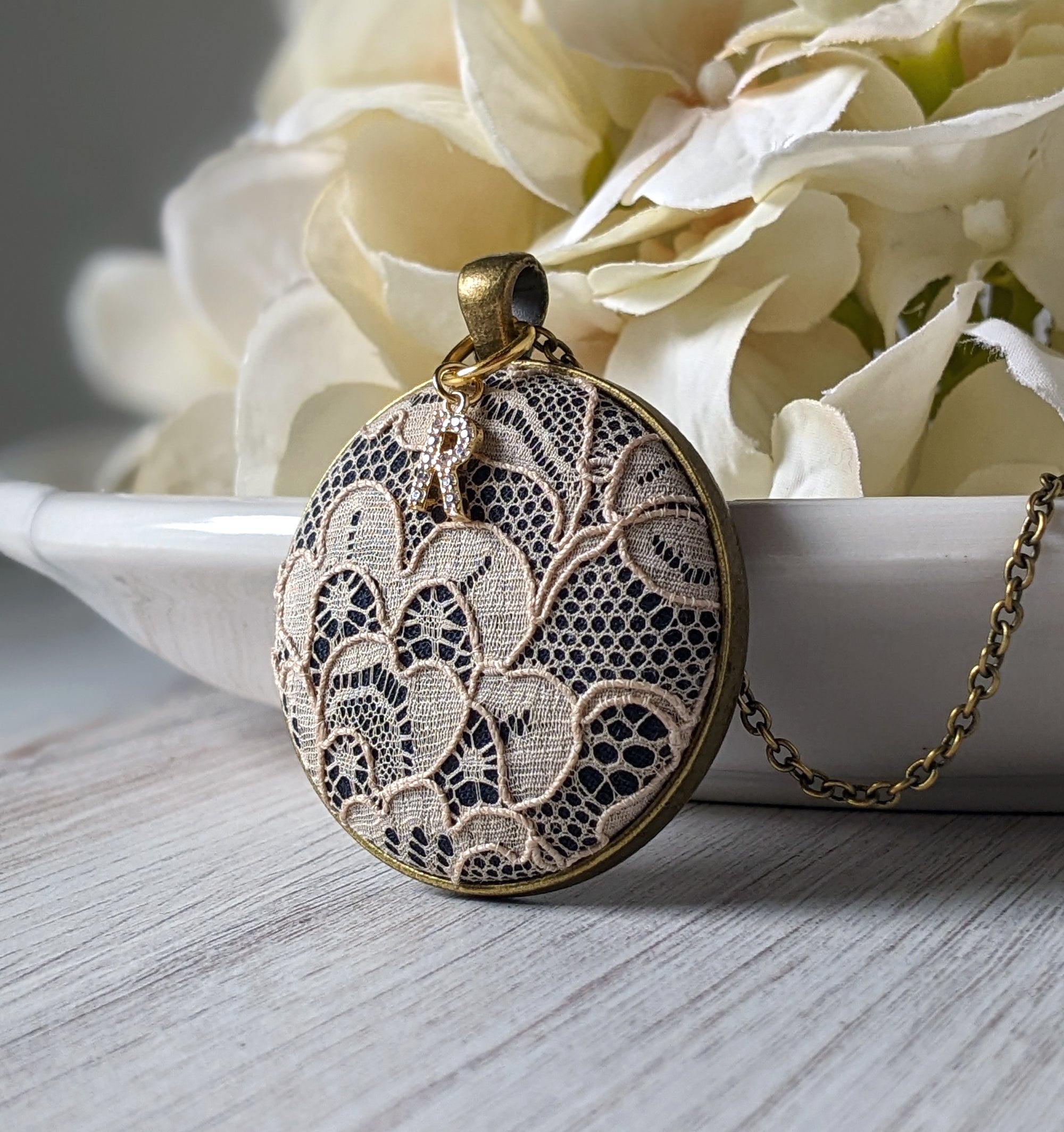13th Anniversary Gift For Wife, Lace Pendant Initial Necklace