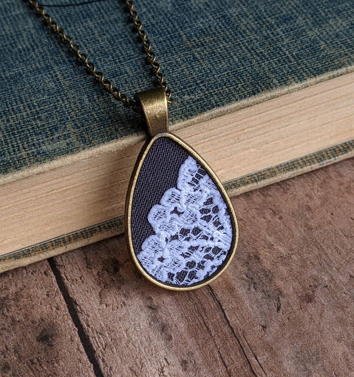 Floral Black And White Lace Teardrop Pendant
