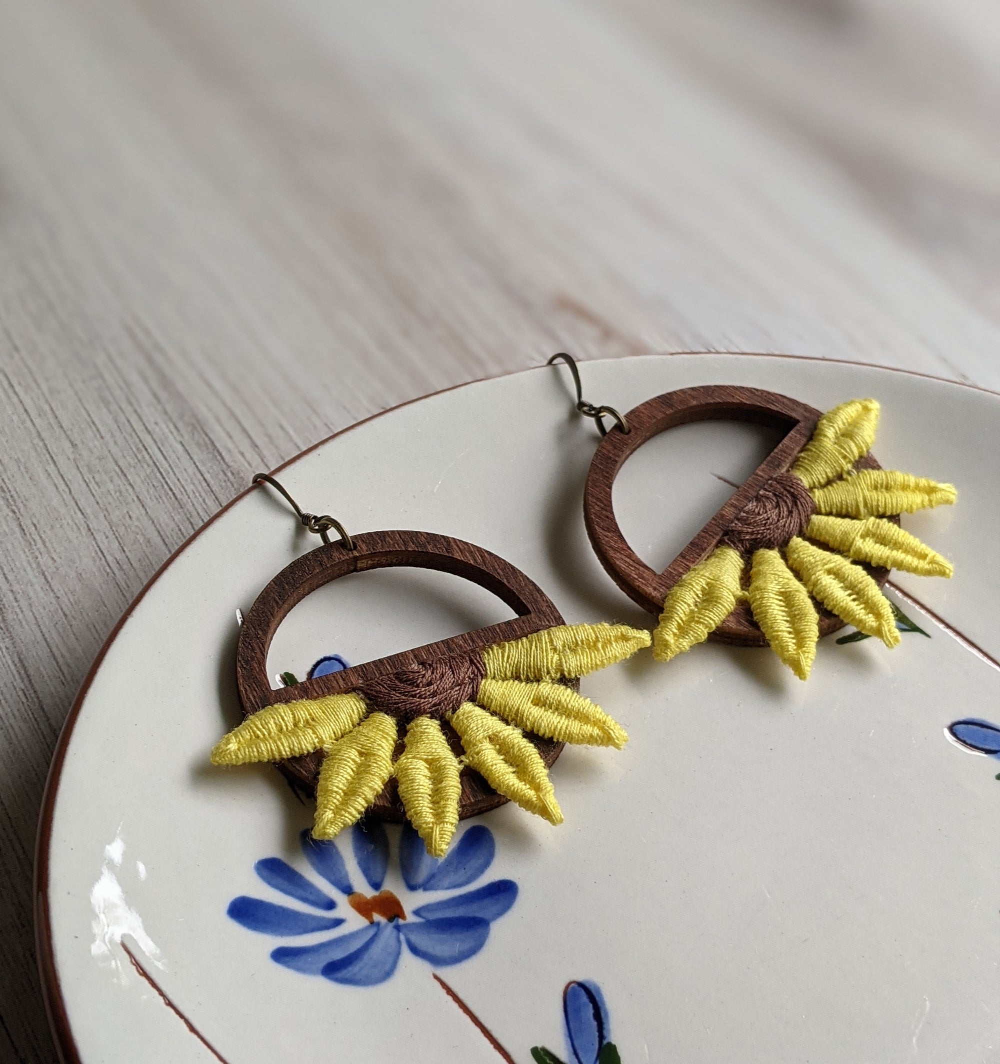 Yellow Sunflower Earrings, Large Half Flower Dangles, Boho Hippie Vintage 90s Fabric
