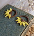 Load image into Gallery viewer, Yellow Sunflower Earrings, Large Half Flower Dangles, Boho Hippie Vintage 90s Fabric