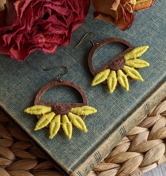 Yellow Sunflower Earrings, Large Half Flower Dangles, Boho Hippie Vintage 90s Fabric