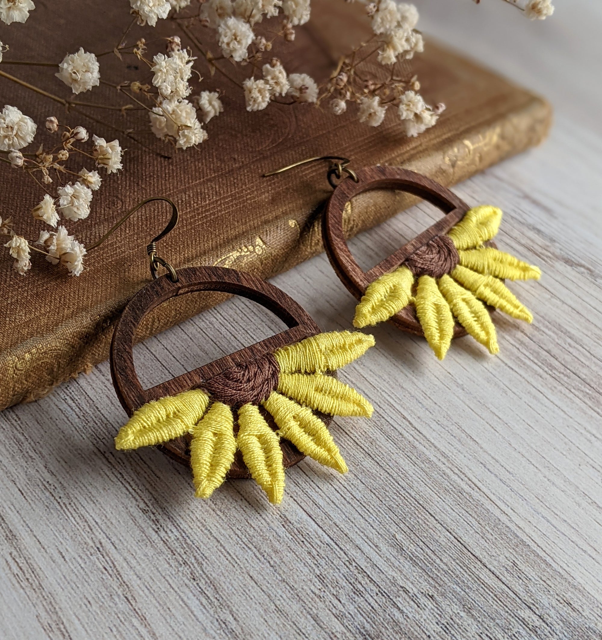 Yellow Sunflower Earrings, Large Half Flower Dangles, Boho Hippie Vintage 90s Fabric