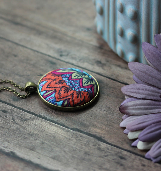 Bright Floral Orange Necklace, Unique Fabric