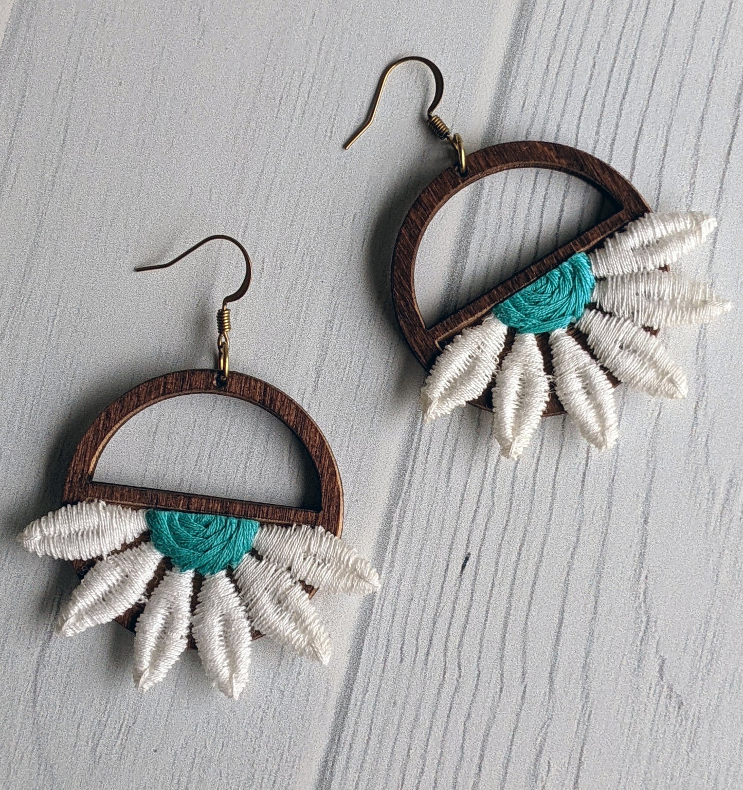 Half Daisy Earrings Made With Vintage 90s Fabric Flowers And Wood Hoops - Teal Green And White