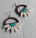 Load image into Gallery viewer, Half Daisy Earrings Made With Vintage 90s Fabric Flowers And Wood Hoops - Teal Green And White