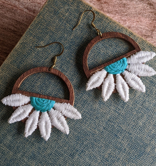 Half Daisy Earrings Made With Vintage 90s Fabric Flowers And Wood Hoops - Teal Green And White