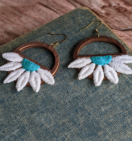 Half Daisy Earrings Made With Vintage 90s Fabric Flowers And Wood Hoops - Teal Green And White