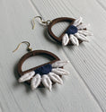 Load image into Gallery viewer, Half Daisy Earrings Made With Vintage 90s Fabric Flowers And Wood Hoops - Navy Blue And White