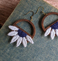 Load image into Gallery viewer, Half Daisy Earrings Made With Vintage 90s Fabric Flowers And Wood Hoops - Navy Blue And White