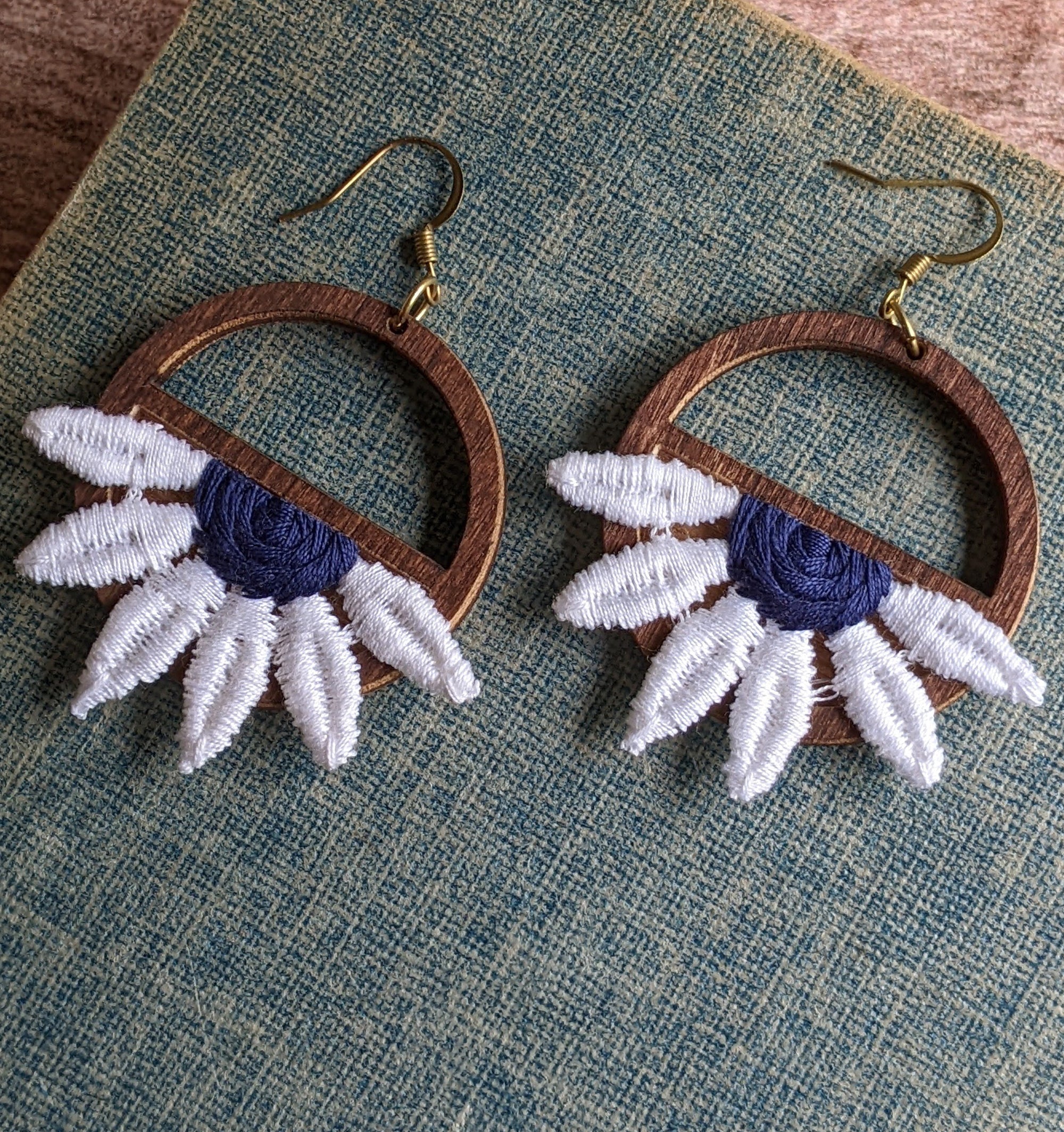 Half Daisy Earrings Made With Vintage 90s Fabric Flowers And Wood Hoops - Navy Blue And White