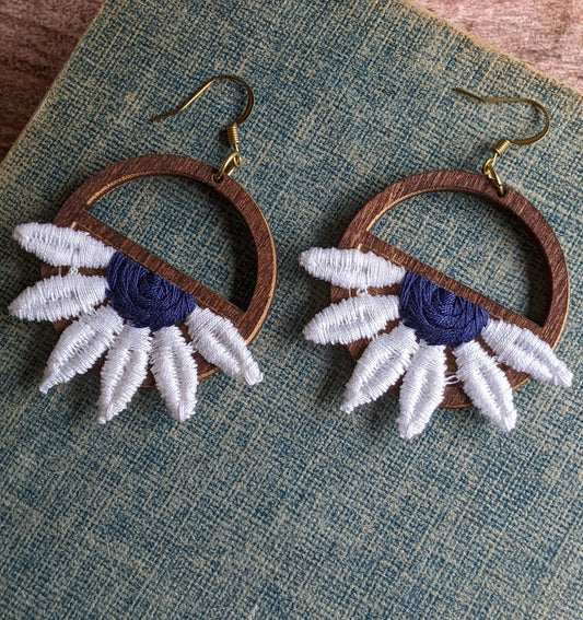 Half Daisy Earrings Made With Vintage 90s Fabric Flowers And Wood Hoops - Navy Blue And White