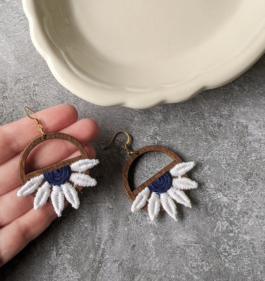 Half Daisy Earrings Made With Vintage 90s Fabric Flowers And Wood Hoops - Navy Blue And White