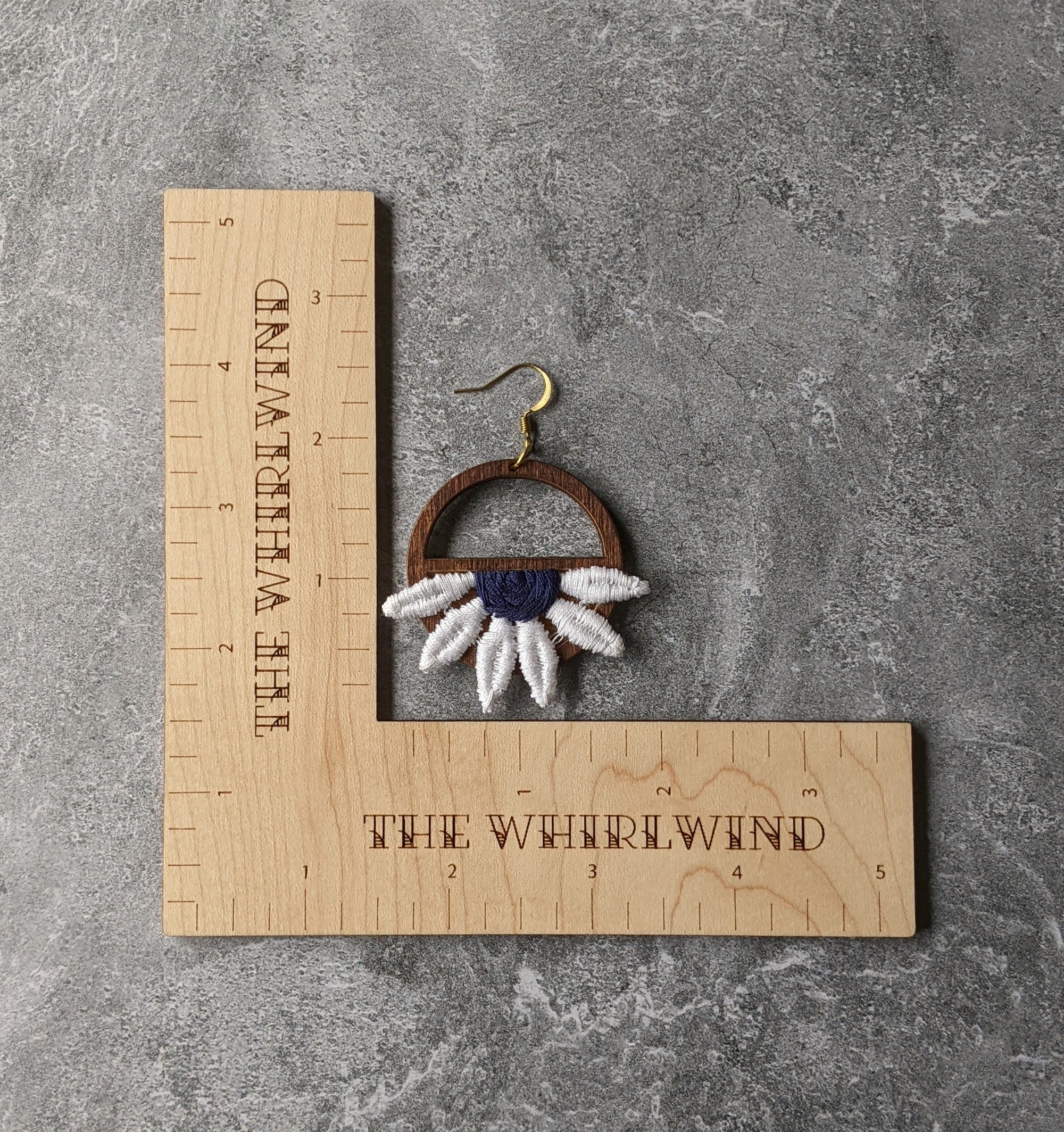 Half Daisy Earrings Made With Vintage 90s Fabric Flowers And Wood Hoops - Navy Blue And White