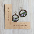 Load image into Gallery viewer, Whimsical Flower Basket Earrings, Vintage Purple And Green Fabric And Wood Hoops
