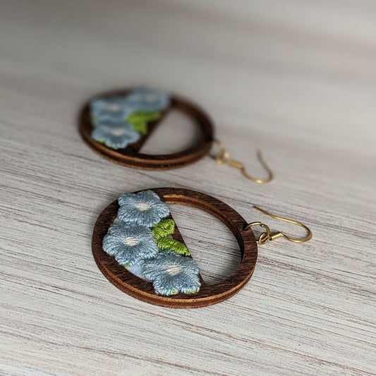 Whimsical Pastel Blue Daisy Earrings Made With Vintage Flowers And Wood Hoops