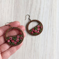 Load image into Gallery viewer, English Rose Garden Earrings, Vintage Pink And Green Fabric, Wood Hoops